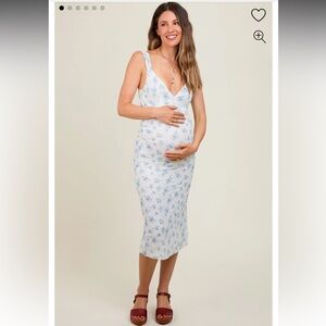 Pinkblush Blue Floral V-Neck Sleeveless Maternity Midi Dress